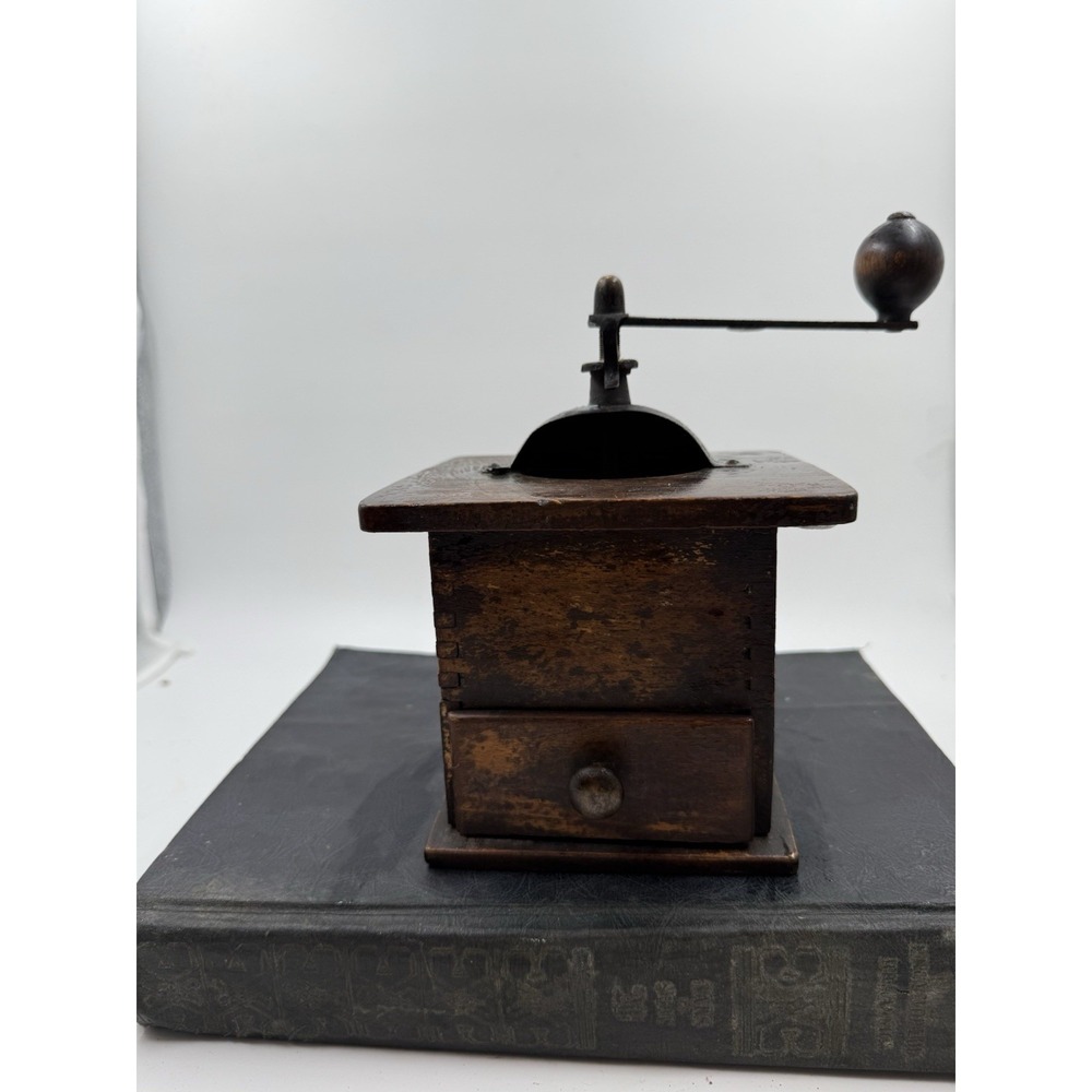 Antique coffee grinder, cast iron top, wood box base, display item